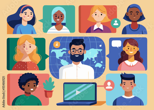 A collage of people from different cultures and countries, each in their unique home setting, connected via video call for a virtual learning session