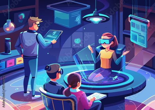 A futuristic room with a holographic teacher conducting a lesson while a student interacts with AR/VR tools for immersive learning.