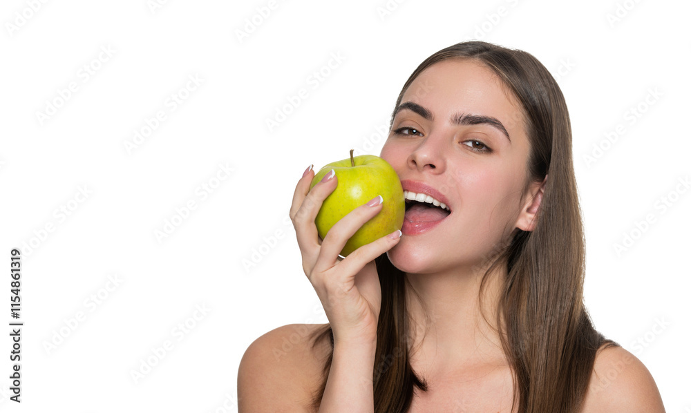 Skin detox of woman. Apple organic fruit. Eat healthy. Healthy apple fruit for natural vitamin. Dieting and healthy lifestyle. Woman with healthy teeth hold apple isolated on white banner Skin detox of woman. Apple organic fruit. Eat healthy. Healthy apple fruit for natural vitamin. Dieting and healthy lifestyle. Woman with healthy teeth hold apple isolated on white banner