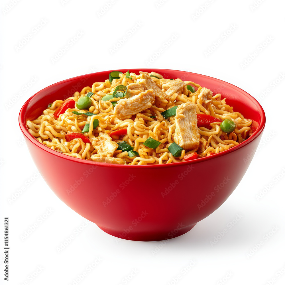 Delicious instant chicken noodles in tempting red bowl, featuring tender chicken pieces, vibrant vegetables, and flavorful broth, perfect for quick meal Delicious instant chicken noodles in tempting red bowl, featuring tender chicken pieces, vibrant vegetables, and flavorful broth, perfect for quick meal
