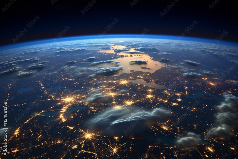 Fototapeta premium A Panoramic View of Earth from Space: Glowing City Lights at Night