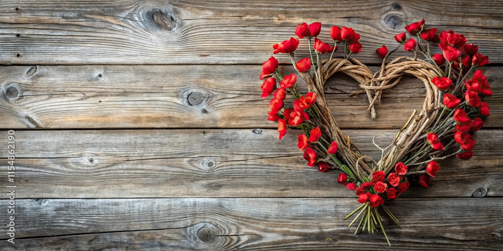 Rustic Heart-Shaped Wreath Adorned with Vibrant Red Flowers on Weathered Wooden Background Rustic Heart-Shaped Wreath Adorned with Vibrant Red Flowers on Weathered Wooden Background