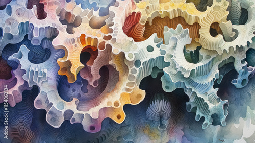 Watercolor Coccolith Interlocking Mechanism: Cool Tones and Structural Patterns photo