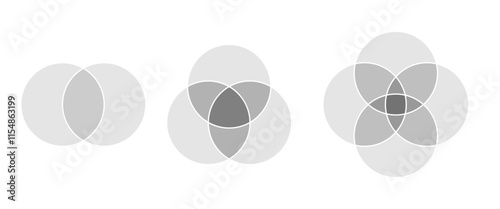 Set of grey two, three and four circles intersect. Venn Diagram, Overlapping Circles.