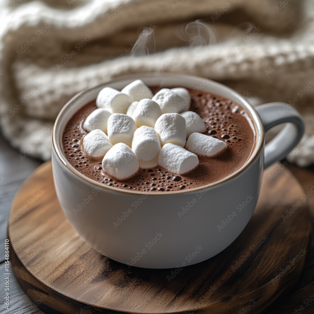 Cozy hot chocolate in a mug. Featuring marshmallows and whipped cream Cozy hot chocolate in a mug. Featuring marshmallows and whipped cream
