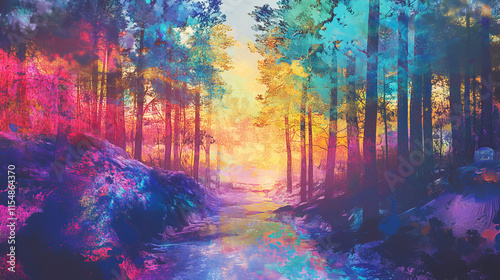 Vibrant Fantasy Forest Stream: Pastel Colors, Fluid Lines, NFT Art