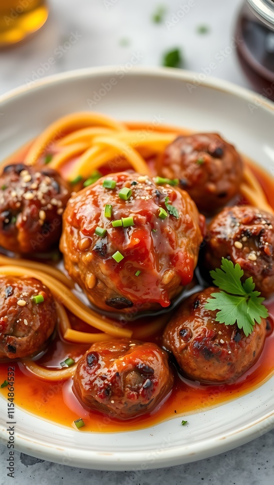Fototapeta premium Closeup of meatballs and spaghetti with tomato sauce dish, a classic Italian meal