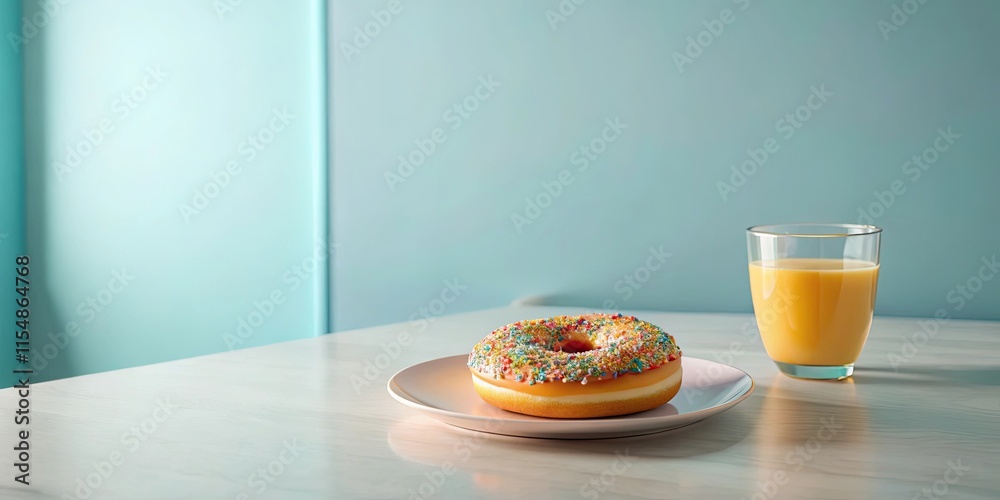 A Sprinkled Donut and a Glass of Juice on a Table A Sprinkled Donut and a Glass of Juice on a Table