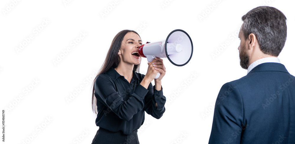 business conflict. businesswoman yelling at employee with loudspeaker. businesspeople partner having conflict about promotion. businesspeople solving conflict. rivalry concept. copy space business conflict. businesswoman yelling at employee with loudspeaker. businesspeople partner having conflict about promotion. businesspeople solving conflict. rivalry concept. copy space