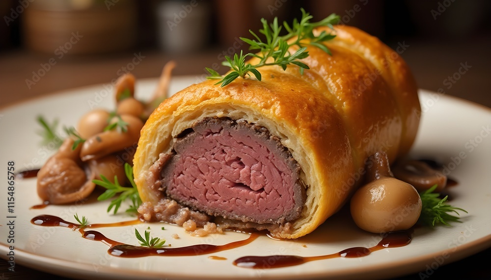 Classic Beef Wellington with Mushroom Sauce and Microgreens Classic Beef Wellington with Mushroom Sauce and Microgreens