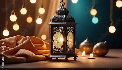 Ornate Metal Lantern Warm Light Festive Setting photo