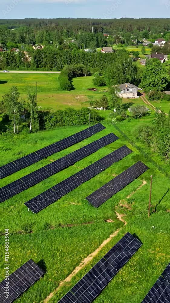 Solar panels in a green suburban neighborhood, solar park for green energy, renewable power, copy space, pan shot, vertical shot Solar panels in a green suburban neighborhood, solar park for green energy, renewable power, copy space, pan shot, vertical shot