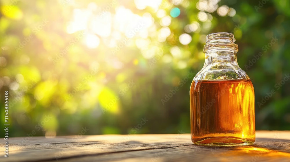 Glass Bottle with Oil on Wooden Table Against Soft Green Background Glass Bottle with Oil on Wooden Table Against Soft Green Background