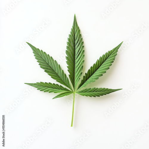 Fresh green marijuana leaf on white background, showcasing its unique shape and texture, perfect for botanical studies or natural product designs