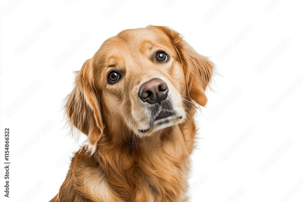 Golden retriever tilting its head, with a confused and curious face Golden retriever tilting its head, with a confused and curious face