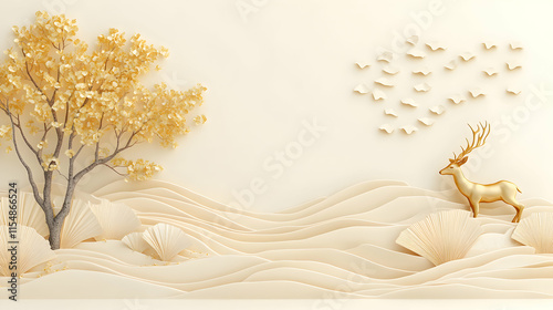 Golden Deer & Autumnal Tree in Paper Landscape, Elegant Cream Color Palette, Calm & Serene Nature Scene.