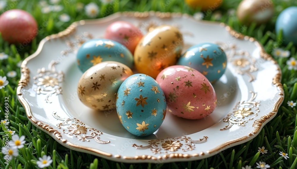 Fototapeta premium Painted eggs on ornate white plate surrounded by green grass and blossoms on festive table