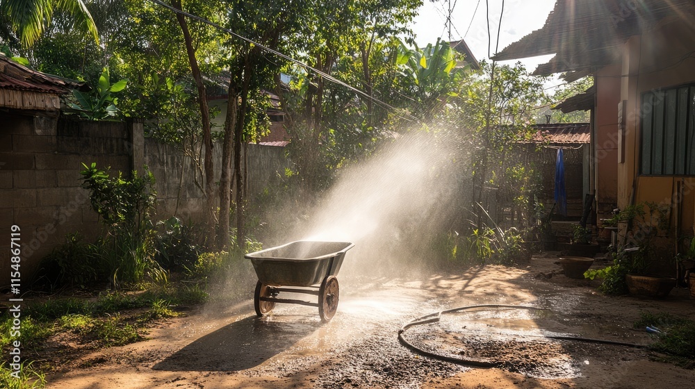 Dusty Wheelbarrow in Sunlight Surrounded by Lush Greenery Dusty Wheelbarrow in Sunlight Surrounded by Lush Greenery