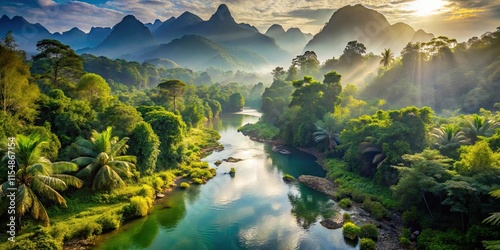 Serene River Winding Through Lush Tropical Rainforest Valley at Sunrise