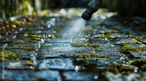Wallpaper Mural Watering Mossy Stone Path with Garden Hose in Natural Setting Torontodigital.ca