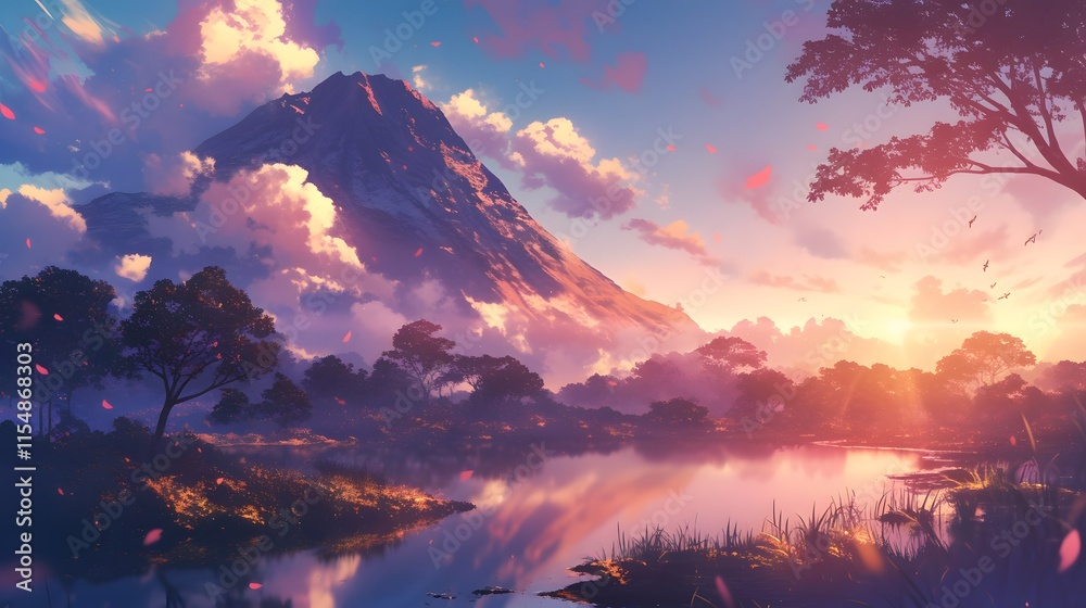 Naklejka premium Dramatic mountain and trees in a misty landscape, pink sunset, and reflective lake, anime style.
