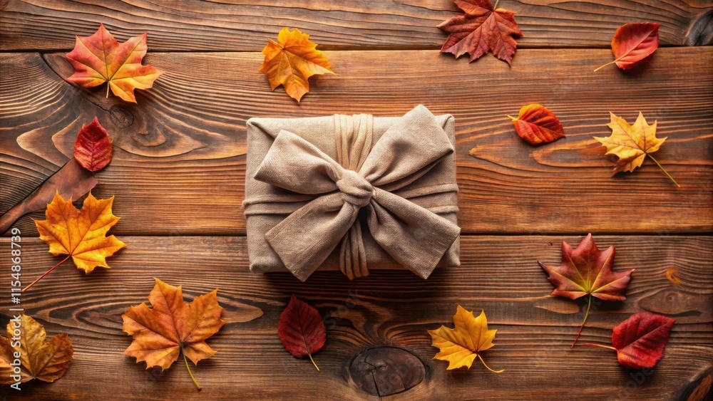Fototapeta premium A thoughtfully wrapped autumnal gift, surrounded by colorful fall leaves on a rustic wooden surface.
