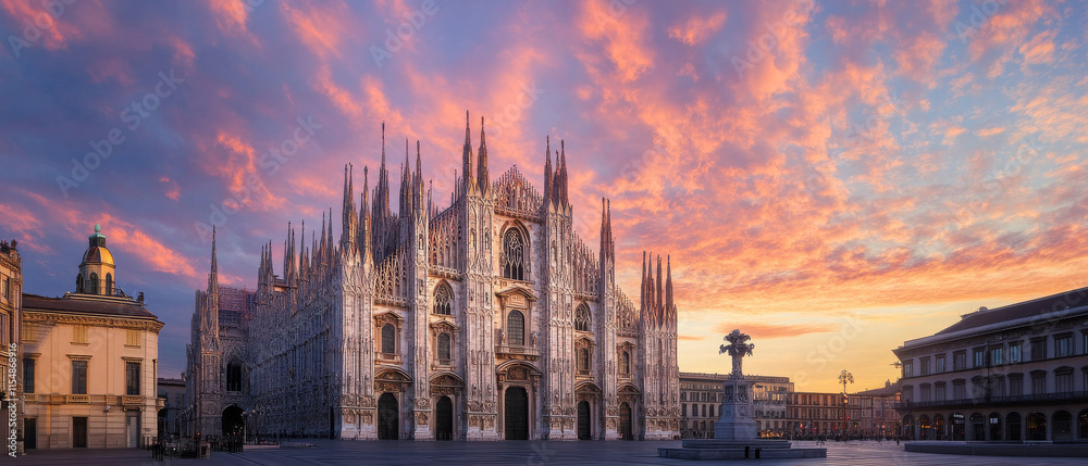 Naklejka premium Milan Cathedral Sunrise, Gothic Architecture, Duomo di Milano, Italy, Piazza del Duomo