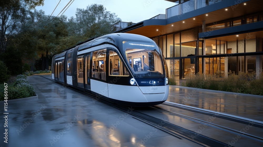 Obraz premium Modern tram arrives at station in urban area during twilight hours with sleek design and illuminated interior