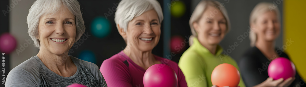 Active Seniors Exercising with Fitness Balls, Smiling Cheerfully and Holding Pink and Orange Balls During Workout Session. Active Seniors Exercising with Fitness Balls, Smiling Cheerfully and Holding Pink and Orange Balls During Workout Session.