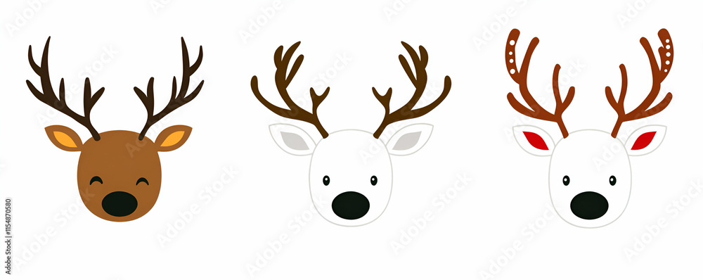 Fototapeta premium Adorable Reindeer Faces, A Festive Christmas Trio of Brown, White, and Red-Nosed Deer with Antlers, Joyfully Celebrating the Season.