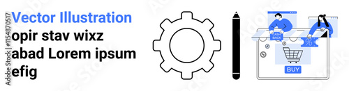 E-commerce platform with cogwheel, text, and users selecting items on screen. Ideal for online shopping, website development, user interface design, digital marketing, customer engagement, product
