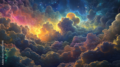 Celestial Cloudscape: Hexagonal Mesospheric Clouds, Vivid Colors, Digital Art photo