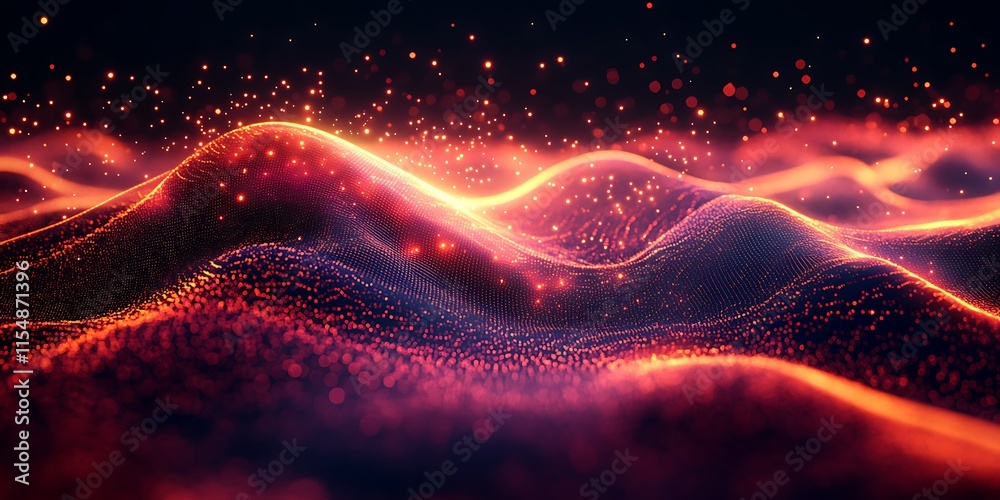 Abstract fiery glowing particle wave landscape.