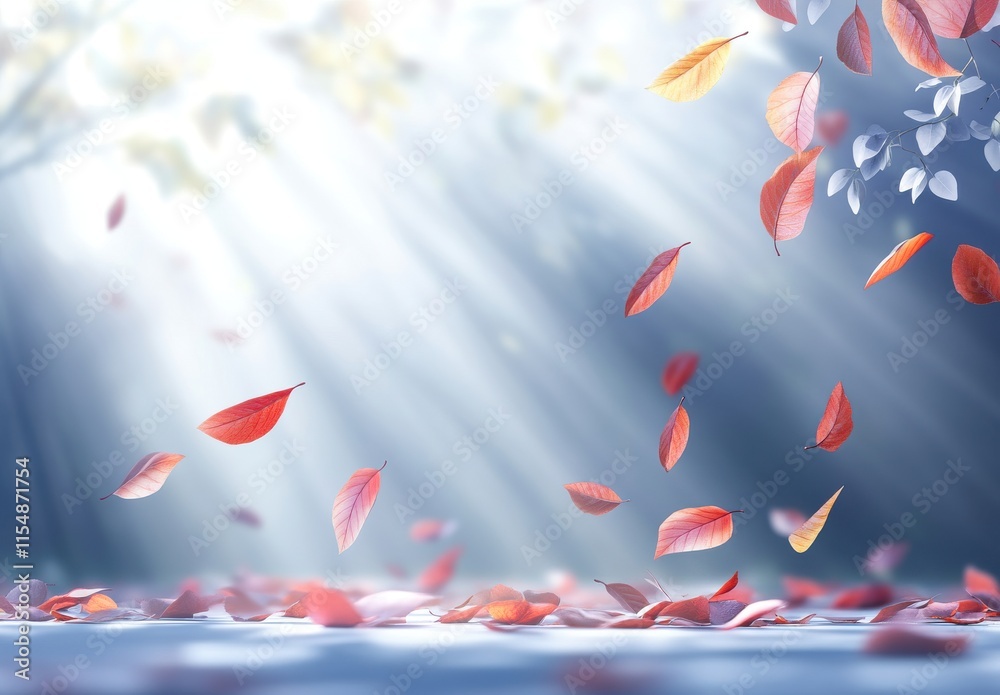 Beautiful Autumn Leaves Falling in Soft Rays of Light with a Dreamy Background of Blue and Soft Focus Blurred Nature Scene for Peaceful and Calming Ambience Beautiful Autumn Leaves Falling in Soft Rays of Light with a Dreamy Background of Blue and Soft Focus Blurred Nature Scene for Peaceful and Calming Ambience