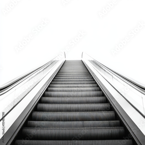 modern escalator leading upwards against bright white background, symbolizing progress and movement. sleek design emphasizes minimalism and functionality