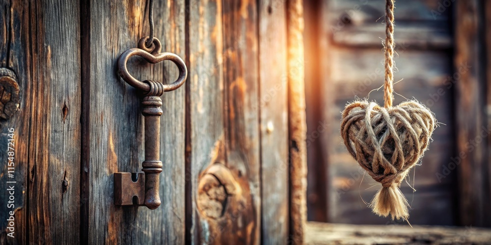 Rustic key and twine heart hanging on aged wooden surface, a symbol of love and secrets Rustic key and twine heart hanging on aged wooden surface, a symbol of love and secrets