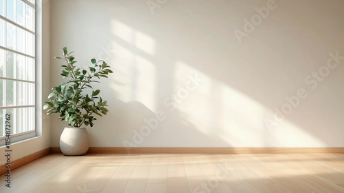 白い壁に木目のフローリング。観葉植物だけがあるミニマリズムな部屋に窓から光が差し込む