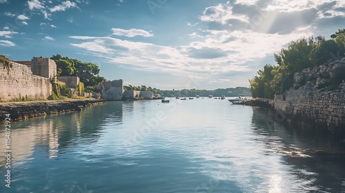 Serene Coastal Canal with Ancient Walls.  Concept of Travel, History, and Tranquility.