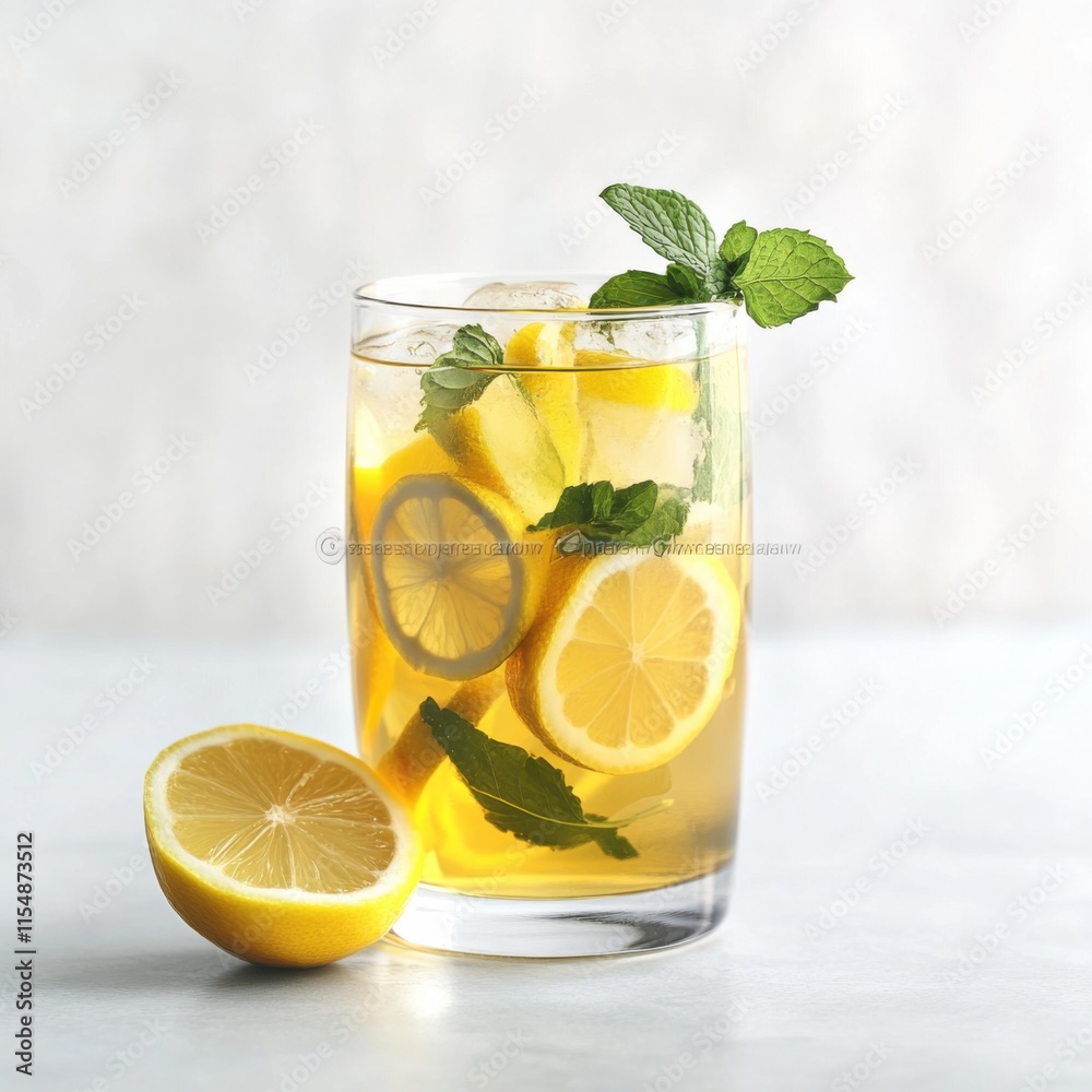 Crisp iced tea in a glass. Featuring lemon slices and fresh mint Crisp iced tea in a glass. Featuring lemon slices and fresh mint