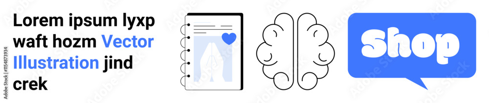 Three icons including a notebook, brain, and speech bubble with the word shop on a white background. Ideal for education, eCommerce, technology, creativity, and online learning. Banner for landing Three icons including a notebook, brain, and speech bubble with the word shop on a white background. Ideal for education, eCommerce, technology, creativity, and online learning. Banner for landing