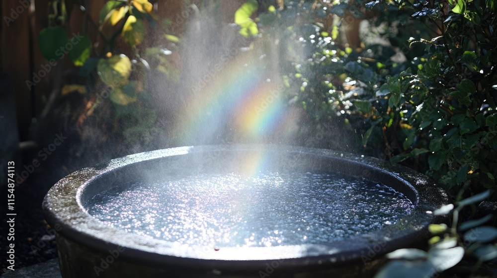 Tranquil Garden Fountain with Mist and Rainbow in Sunlight Tranquil Garden Fountain with Mist and Rainbow in Sunlight