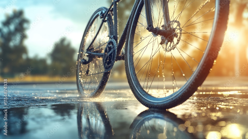 Bicycle Wheel in Shallow Water Reflecting Light During Sunset Bicycle Wheel in Shallow Water Reflecting Light During Sunset