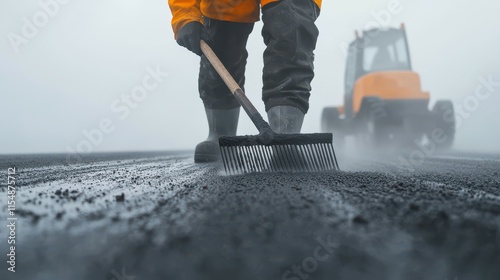 A male worker in a bright orange jacket rakes asphalt on a foggy construction site, showcasing focus and dedication. photo