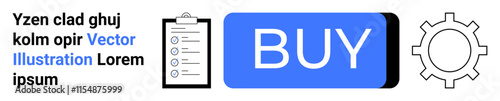 UI elements include black clipboard with checklist, blue BUY button, and grey gear icon. Ideal for web design, user interfaces, e-commerce, digital marketing, software development, tech tutorials