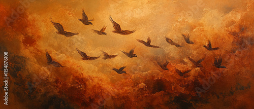 Birds Flock Orange Sky Dramatic Lighting Painting photo