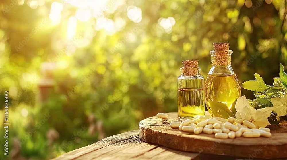 Glass Bottles of Oil with Natural Herbs on Wooden Table Outdoors Glass Bottles of Oil with Natural Herbs on Wooden Table Outdoors