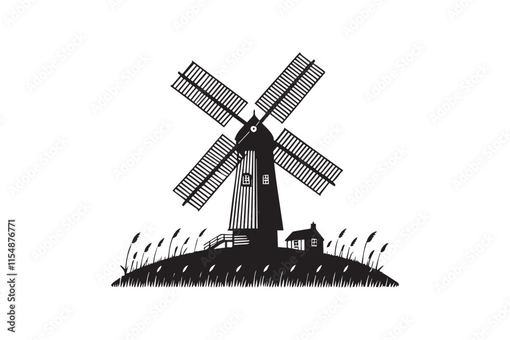 Fototapeta premium simple black an white windmill vector silhouette isolated on a white background