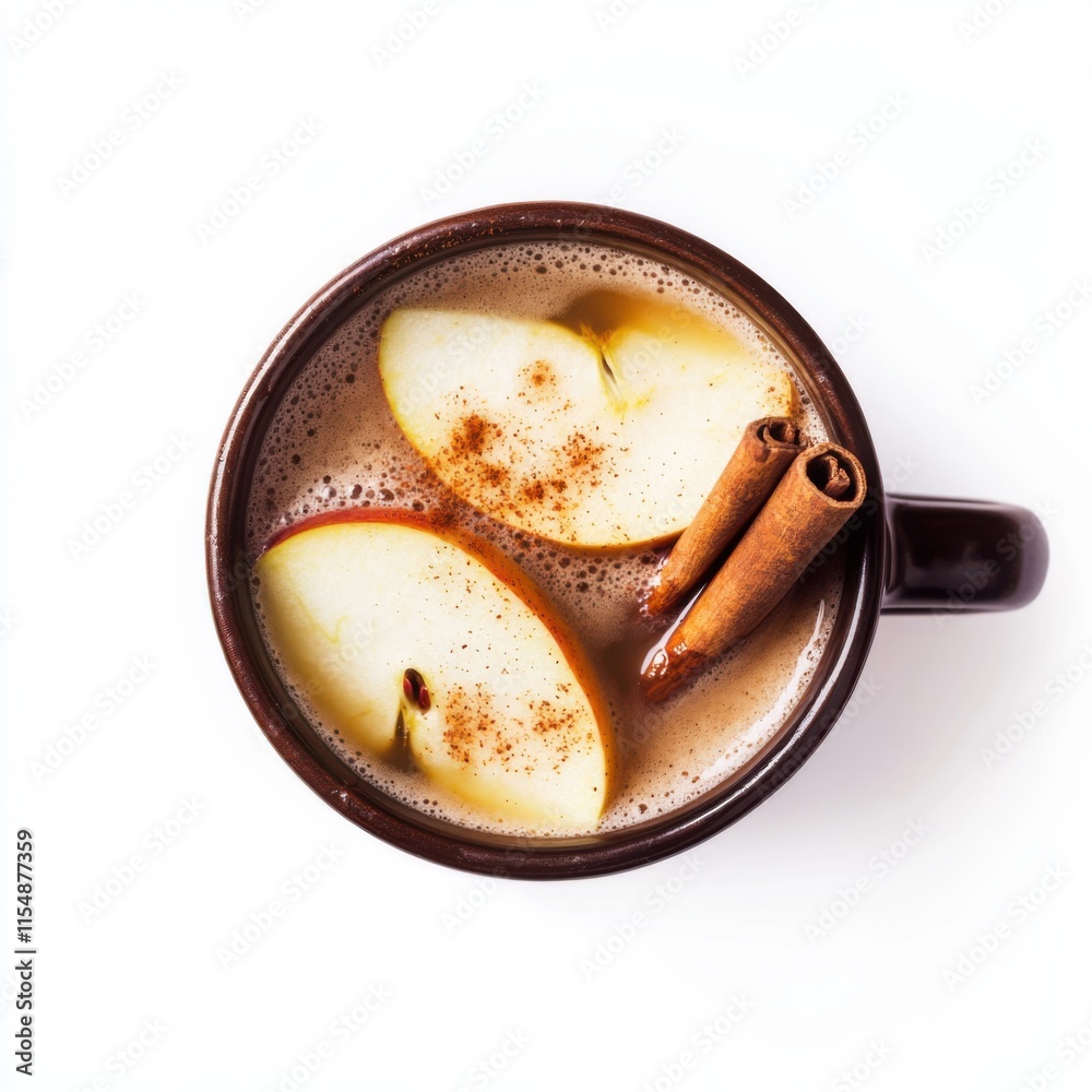 Delicious hot apple cider in a mug. Featuring cinnamon sticks and apple slices Delicious hot apple cider in a mug. Featuring cinnamon sticks and apple slices