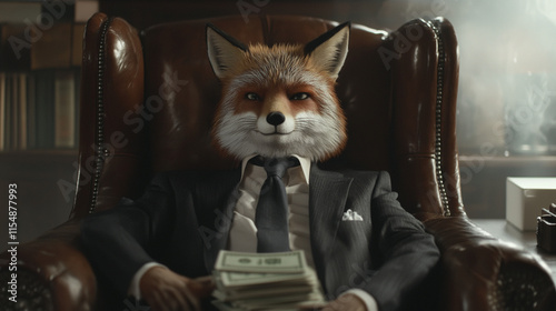 Fox in a Suit: A sly fox, dressed in a suit and tie, sits in a leather armchair with a stack of cash in his lap. The fox's shrewd expression evokes a sense of cunning and financial success. photo