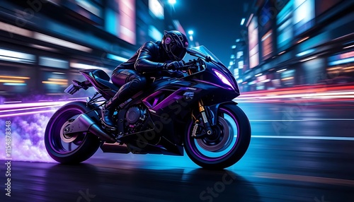 Neon Rider Night Motorcycle Speed Cityscape Purple Lights
